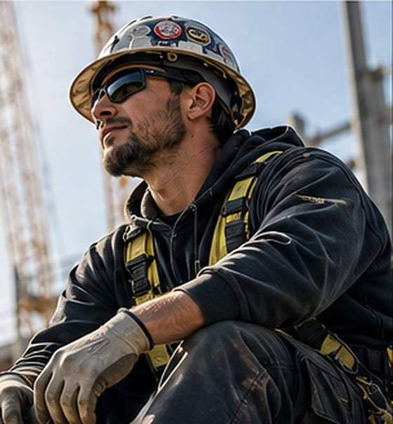 A journeyman in a hard hat and harness taking a break on a commercial jobsite